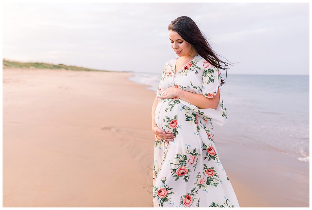 floral maternity dress, Sarah and Tommy, beach Maternity Session, Sami Roy Photography